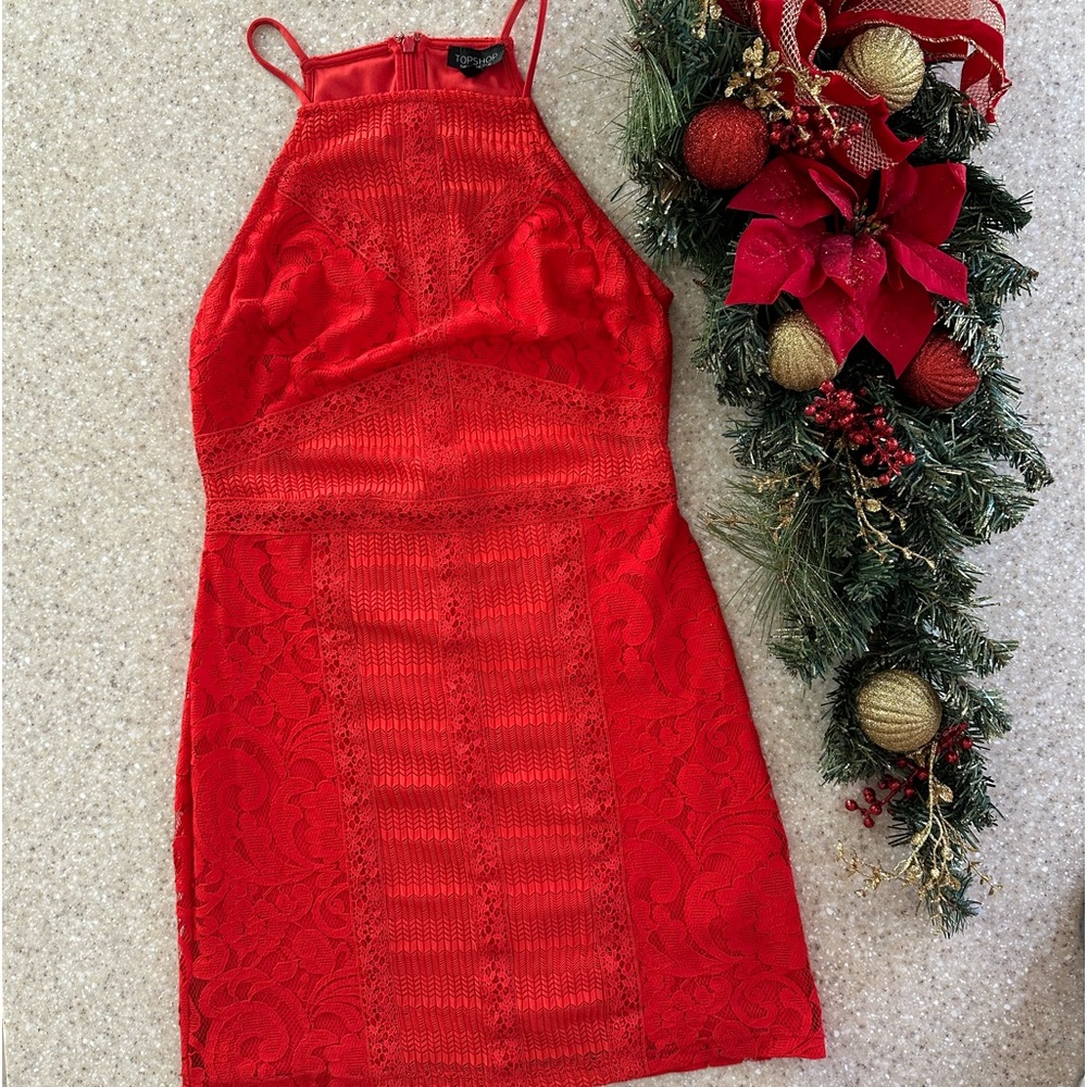 TOPSHOP Gorgeous Red Lace Red Dress, Size 8